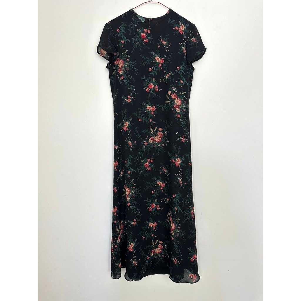 Vintage Lauren Ralph Lauren Dress Women 6 Silk Maxi Black Chiffon Floral Cottage